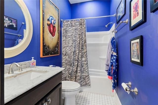 6038 Orleans Ave, New Orleans, LA 70124 - bathroom with toilet, shower / tub combo, vanity, and tile patterned floors