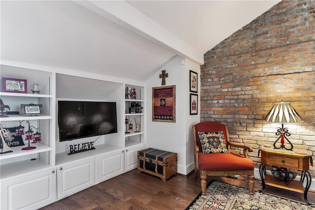 sitting room featuring brick wall, dark wood-style flooring, built in features, and lofted ceiling with beams