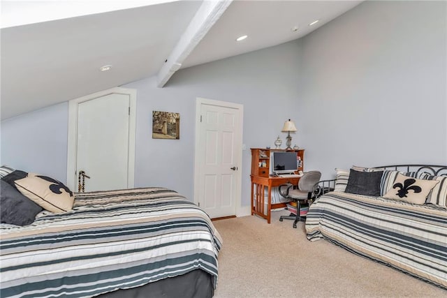bedroom with recessed lighting, carpet floors, and lofted ceiling with beams