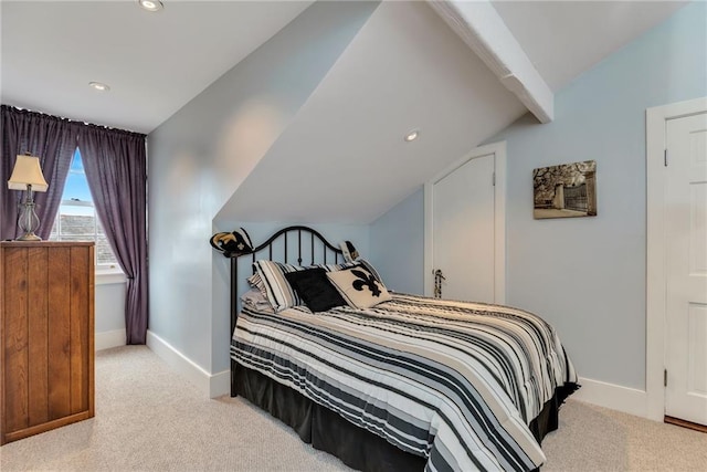 carpeted bedroom with baseboards, vaulted ceiling, and recessed lighting
