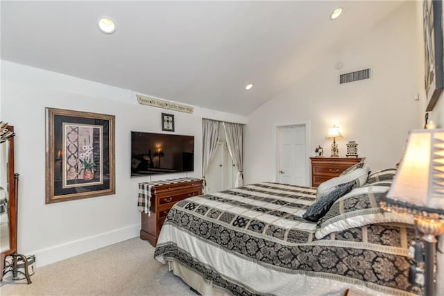 carpeted bedroom featuring baseboards, vaulted ceiling, visible vents, and recessed lighting