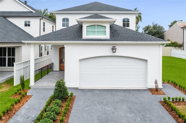 view of front of house with decorative driveway, fence, an attached garage, a shingled roof, and stucco siding