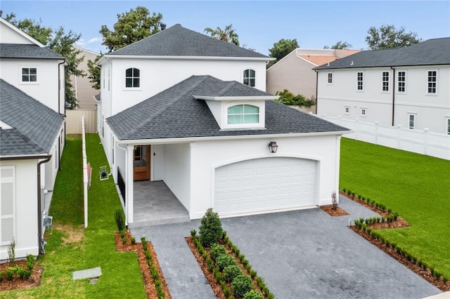 view of front facade featuring an attached garage, fence, roof with shingles, and stucco siding