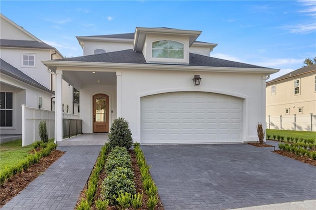 view of front of property featuring decorative driveway, a garage, stucco siding, and fence