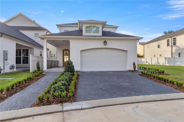 view of front of house with an attached garage, fence, driveway, and stucco siding