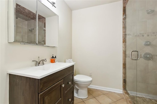 bathroom featuring tile patterned floors, toilet, vanity, and a stall shower