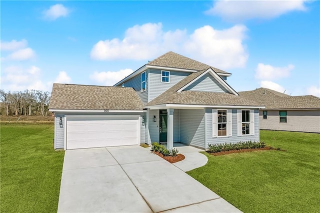 view of front of house with an attached garage, a shingled roof, driveway, and a front lawn
