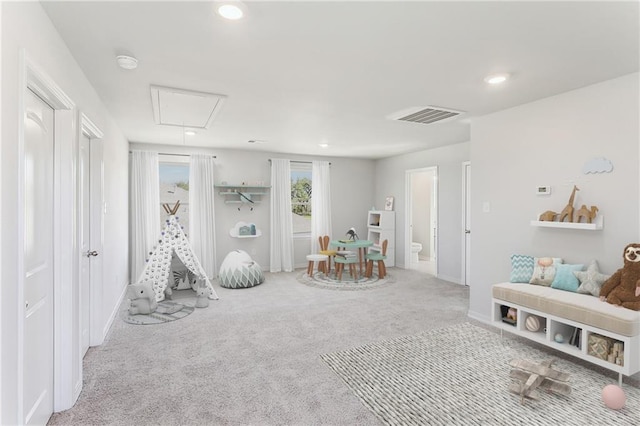 game room with baseboards, recessed lighting, carpet flooring, attic access, and visible vents