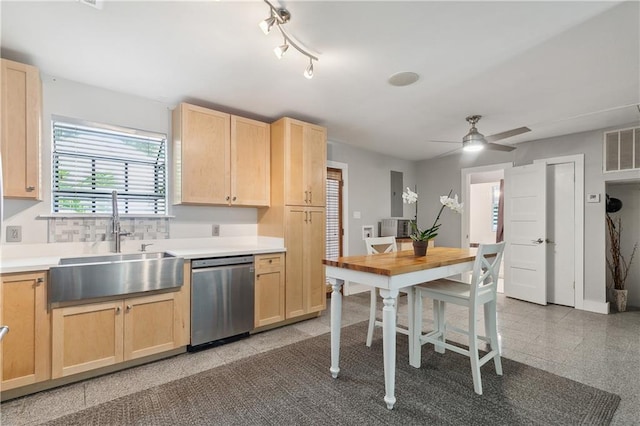 72315 Kustenmacher Rd, Abita Springs, LA 70420 - kitchen with dishwasher, light brown cabinets, granite floors, and a ceiling fan