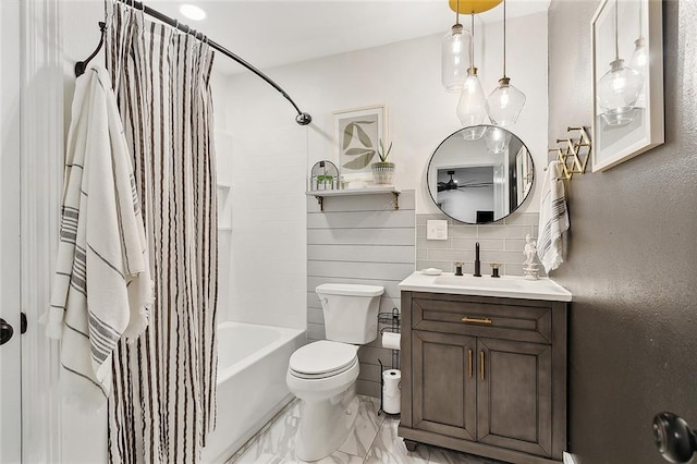 bathroom with shower / bath combo, vanity, toilet, marble finish floor, and backsplash