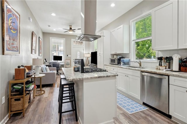 202729 Cambronne St, New Orleans, LA 70118 - kitchen featuring stainless steel dishwasher, light wood-type flooring, a sink, and ceiling fan