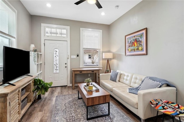 202729 Cambronne St, New Orleans, LA 70118 - living room featuring a wealth of natural light, recessed lighting, a ceiling fan, and wood finished floors