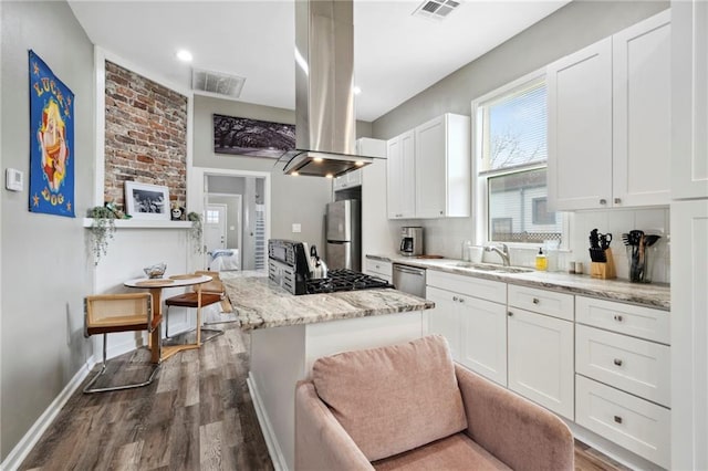 202729 Cambronne St, New Orleans, LA 70118 - kitchen featuring island range hood, visible vents, a sink, and appliances with stainless steel finishes