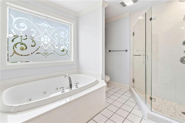 4516 Beau Lac Ln, Metairie, LA 70002 - bathroom featuring a jetted tub, a stall shower, ornamental molding, and tile patterned floors