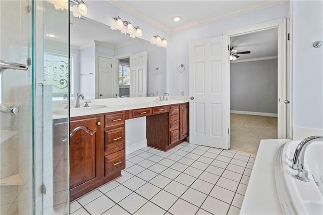 4516 Beau Lac Ln, Metairie, LA 70002 - full bath featuring double vanity, tile patterned flooring, crown molding, a stall shower, and a garden tub