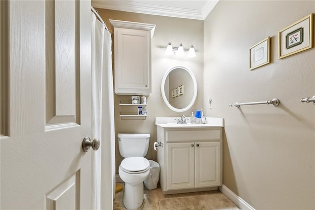 full bathroom featuring crown molding, vanity, toilet, tile patterned floors, and baseboards