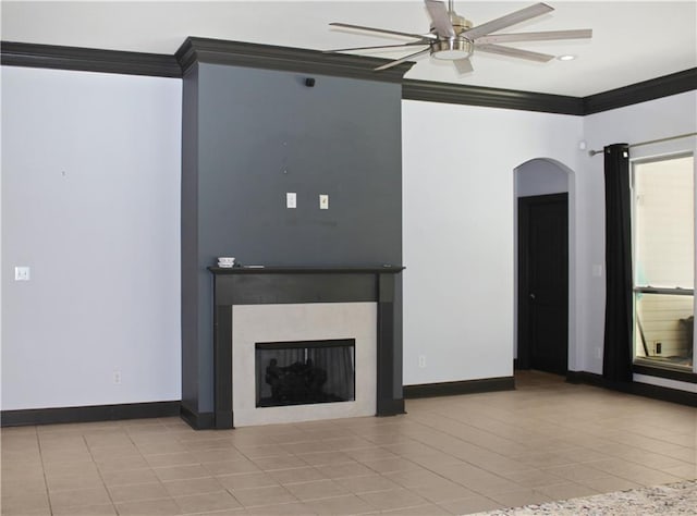 23620 Madisonville Ct, Ponchatoula, LA 70454 - unfurnished living room with light tile patterned floors, ornamental molding, ceiling fan, and a fireplace