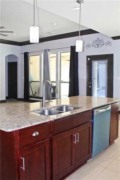 23620 Madisonville Ct, Ponchatoula, LA 70454 - kitchen featuring a sink, arched walkways, pendant lighting, reddish brown cabinets, and dishwasher
