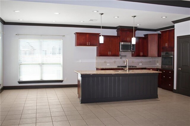 23620 Madisonville Ct, Ponchatoula, LA 70454 - kitchen featuring tasteful backsplash, crown molding, appliances with stainless steel finishes, dark brown cabinets, and baseboards