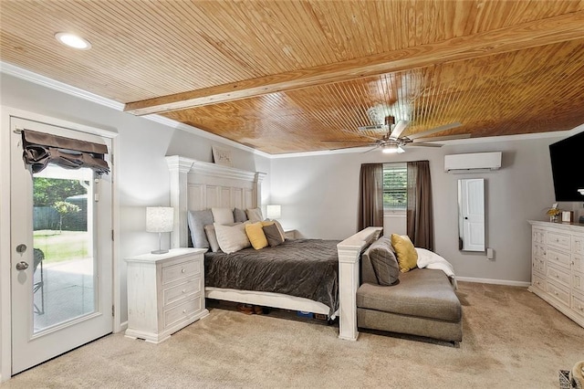 bedroom featuring a wall mounted air conditioner, crown molding, wood ceiling, light colored carpet, and access to exterior