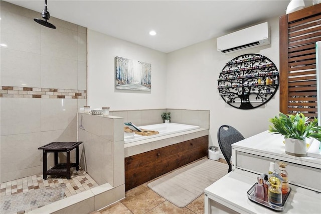 full bathroom with a bath, walk in shower, recessed lighting, and a wall unit AC