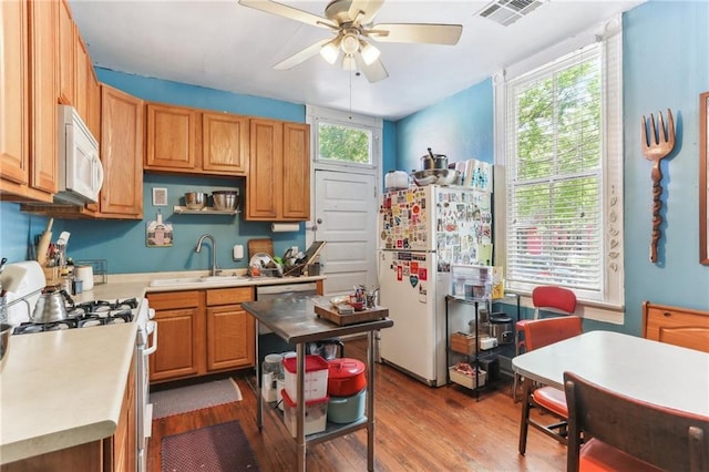 kitchen with visible vents, a sink, ceiling fan, light countertops, and white appliances
