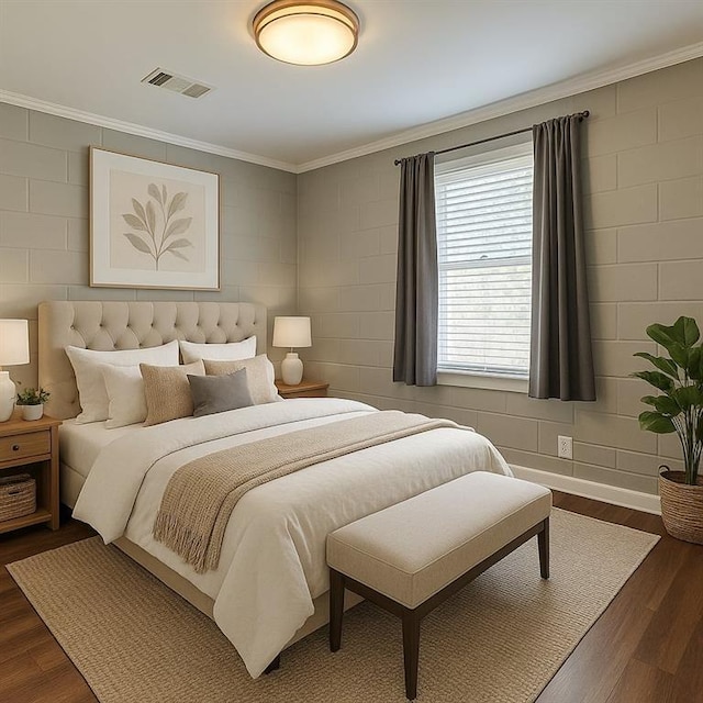3420 Willow St, New Orleans, LA 70115 - bedroom featuring crown molding, dark wood finished floors, and concrete block wall