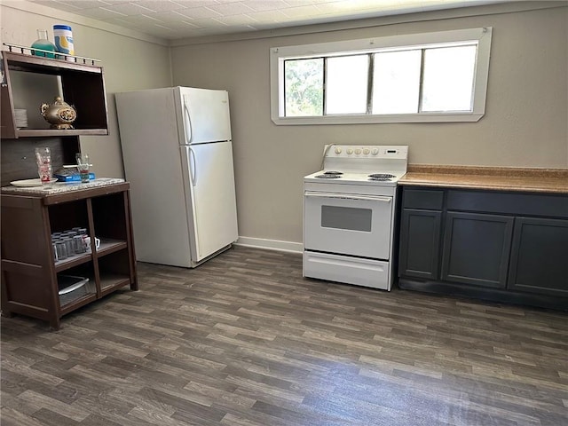 25821 Elsie Gill Rd, Holden, LA 70744 - kitchen featuring baseboards, white appliances, light countertops, gray cabinetry, and dark wood finished floors