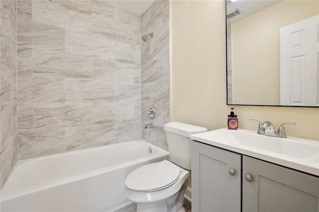 full bathroom featuring bathing tub / shower combination, vanity, toilet, and visible vents