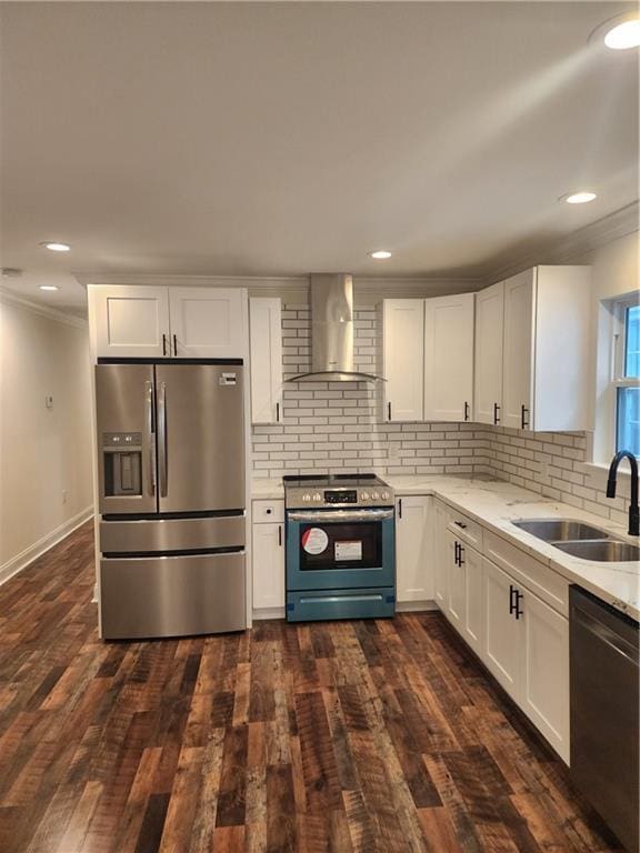 2417 Eagle St, New Orleans, LA 70118 - kitchen with wall chimney exhaust hood, a sink, crown molding, white cabinetry, and stainless steel appliances