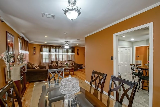dining room with a ceiling fan, visible vents, recessed lighting, and crown molding