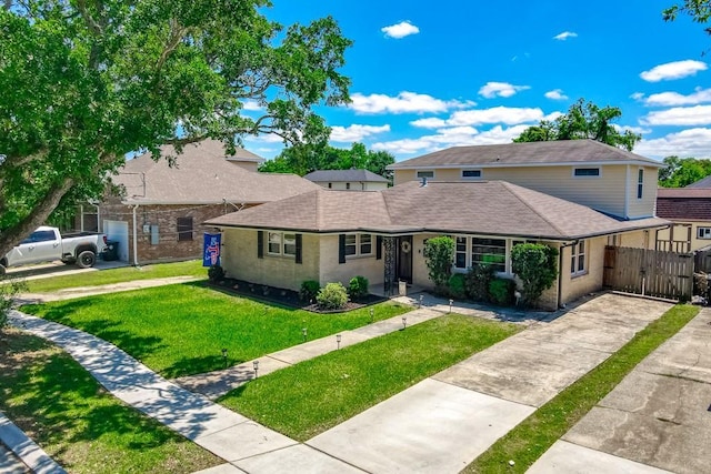 view of front of home featuring a shingled roof, a front yard, fence, and a gate