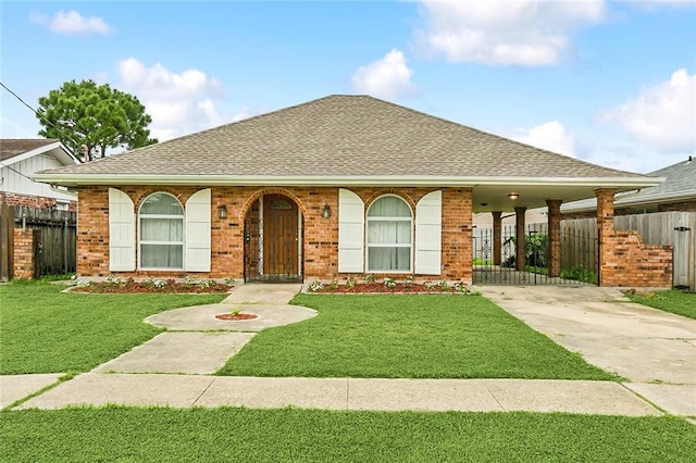 view of front of home with concrete driveway, roof with shingles, a front lawn, brick siding, and fence