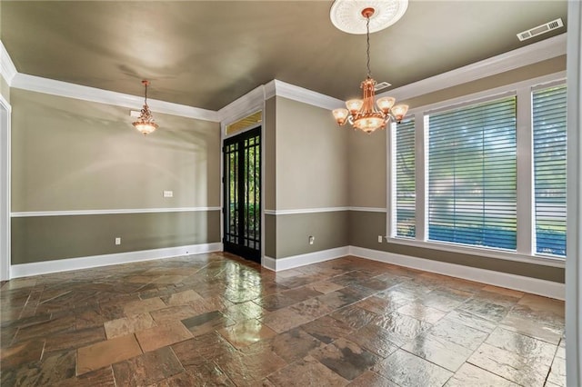 spare room featuring visible vents, baseboards, an inviting chandelier, stone tile flooring, and crown molding