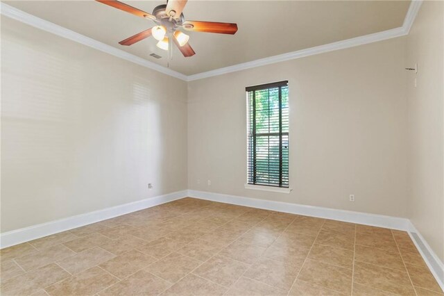 empty room with crown molding, ceiling fan, baseboards, and light tile patterned floors