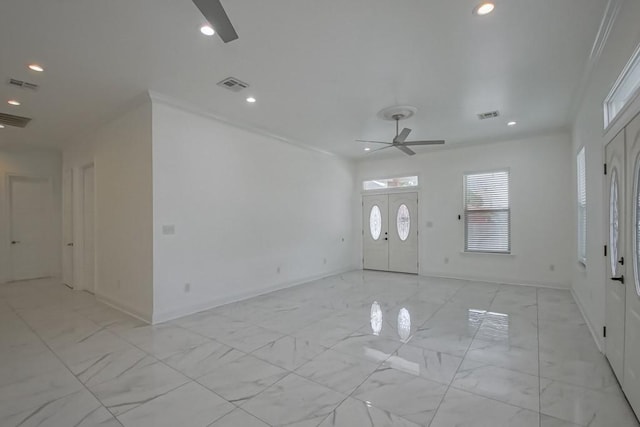 entryway with visible vents, a ceiling fan, marble finish floor, and recessed lighting