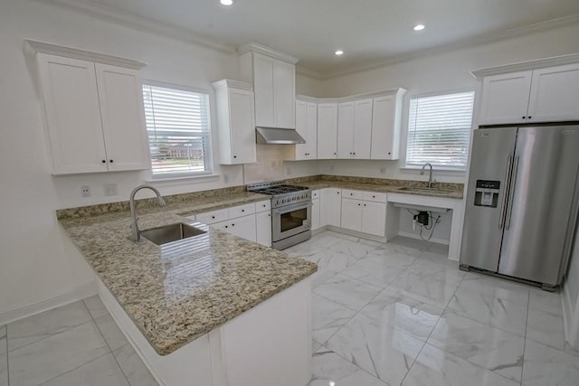 kitchen featuring a peninsula, under cabinet range hood, a sink, and stainless steel appliances