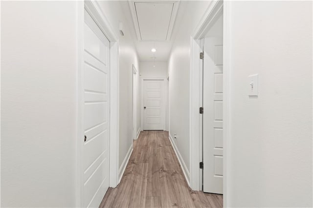 10735 Vienna St, New Orleans, LA 70126 - corridor featuring baseboards, attic access, and light wood-style floors