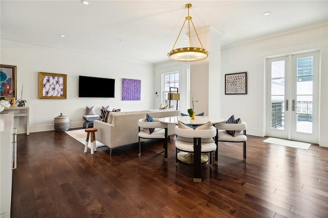 living area with french doors, ornamental molding, recessed lighting, and dark wood finished floors