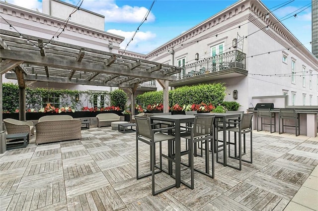 view of patio / terrace featuring an outdoor living space, area for grilling, a pergola, a grill, and outdoor dining area