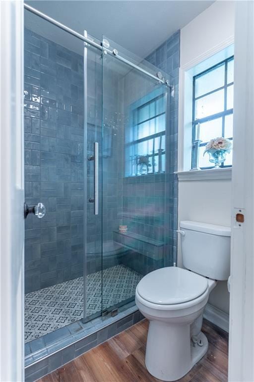 bathroom featuring a shower stall, toilet, and wood finished floors