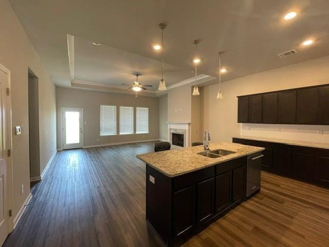 kitchen featuring stainless steel dishwasher, a sink, ceiling fan, dark wood finished floors, and a fireplace