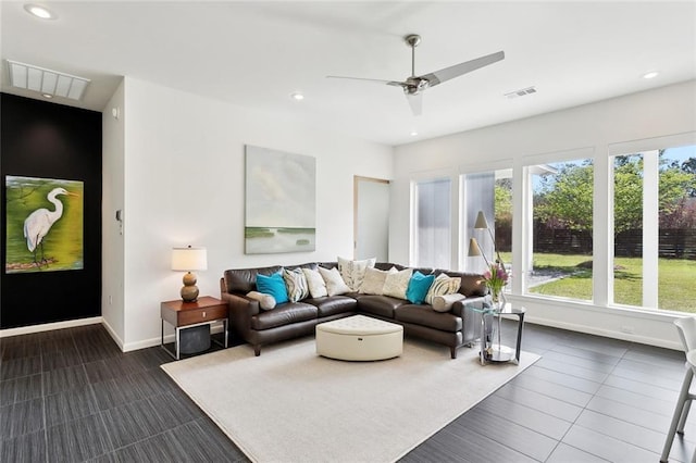 60209 Pine Dr, Lacombe, LA 70445 - living room featuring baseboards, a ceiling fan, visible vents, and recessed lighting