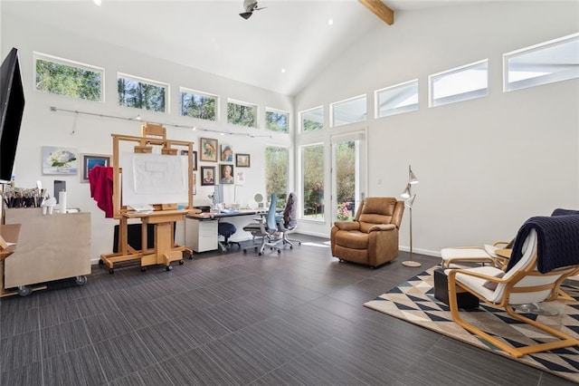 60209 Pine Dr, Lacombe, LA 70445 - interior space with beam ceiling and high vaulted ceiling