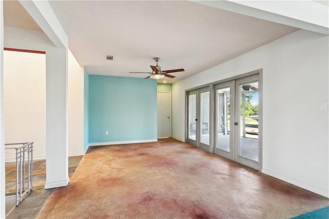 unfurnished room featuring french doors, baseboards, a ceiling fan, and visible vents