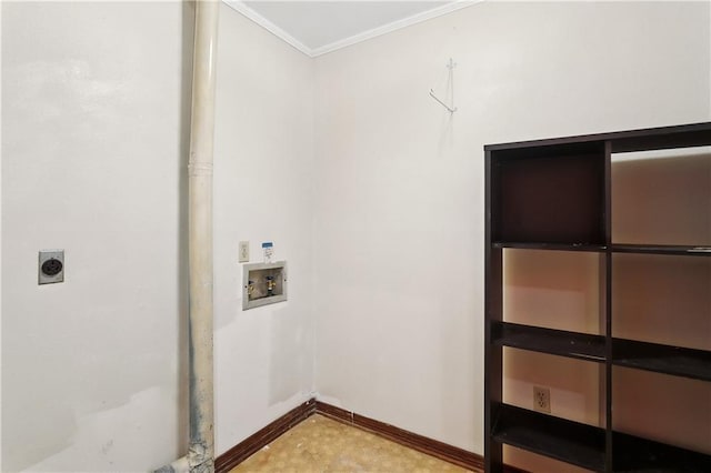 laundry room featuring baseboards, washer hookup, ornamental molding, laundry area, and electric dryer hookup