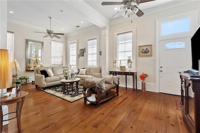 727 N Salcedo St, New Orleans, LA 70119 - living room with ornamental molding, a ceiling fan, and hardwood / wood-style flooring
