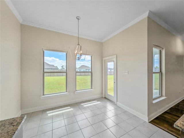 9508 E Terran Ln, Waggaman, LA 70094 - unfurnished dining area featuring ornamental molding, a chandelier, and light tile patterned flooring