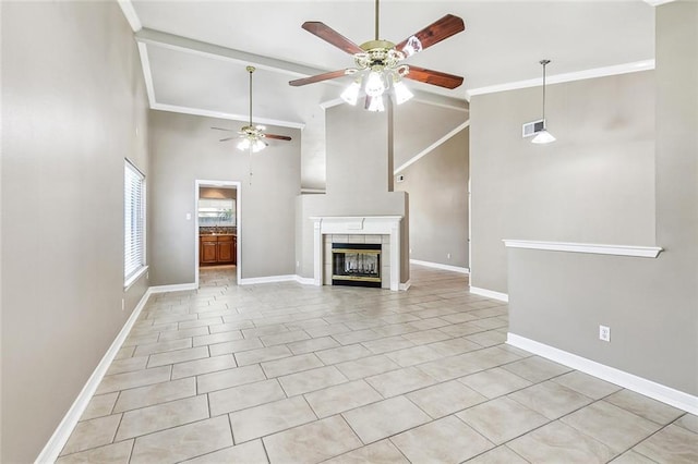 1601 Carthage Dr, Marrero, LA 70072 - unfurnished living room featuring a fireplace, visible vents, a ceiling fan, and high vaulted ceiling