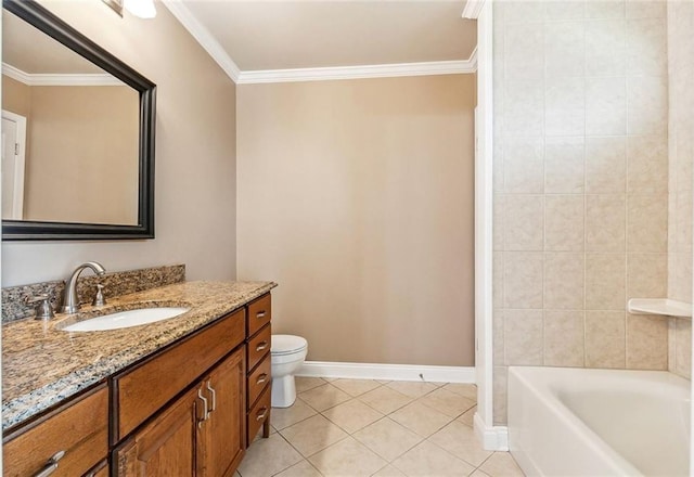 1601 Carthage Dr, Marrero, LA 70072 - bathroom with tile patterned floors, toilet, baseboards, crown molding, and vanity